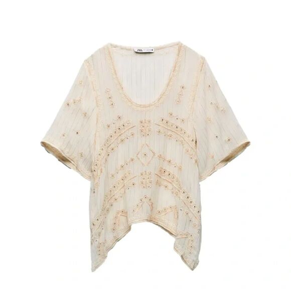 Cream Zara Bead Embellished Embroidered Striped Metallic Thread Blouse Top (NWT) - Picture 3 of 7